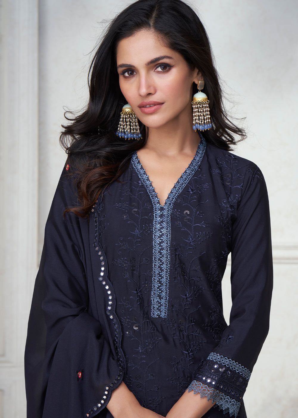 Denim Blue Embroidered Chinon Silk Plazzo Suit