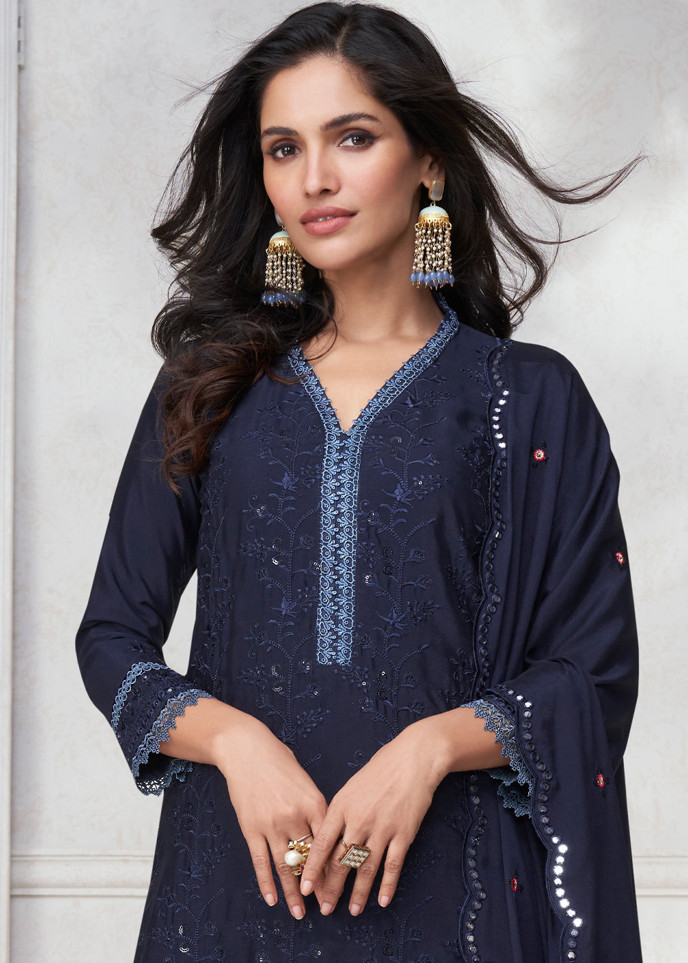 Denim Blue Embroidered Chinon Silk Plazzo Suit