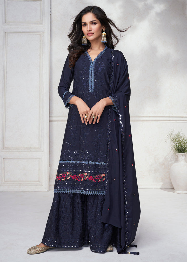 Denim Blue Embroidered Chinon Silk Plazzo Suit