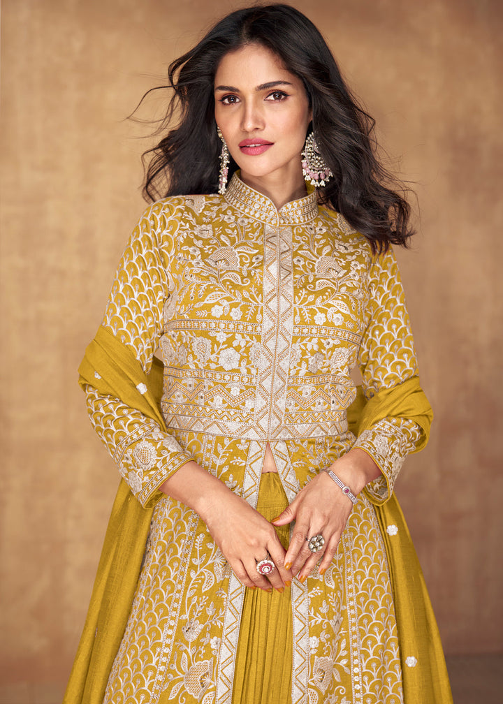 Tuscany Yellow Embroidered Silk Top & Skirt Set with Dupatta