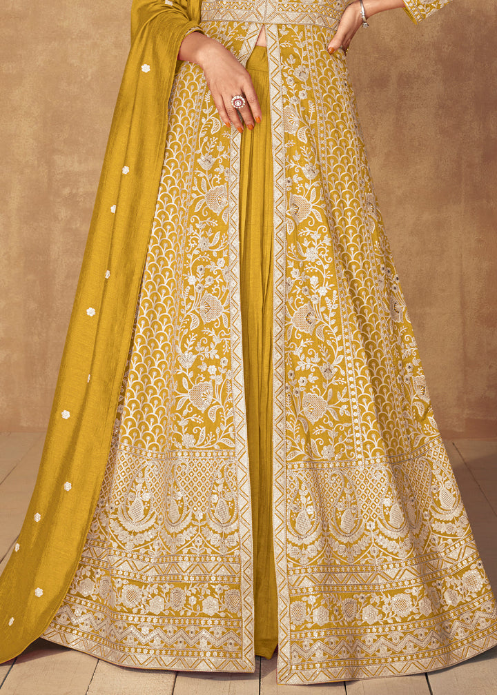 Tuscany Yellow Embroidered Silk Top & Skirt Set with Dupatta