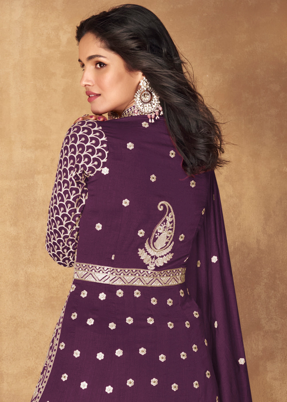 Elegant eggplant purple silk top and skirt set with intricate embroidery