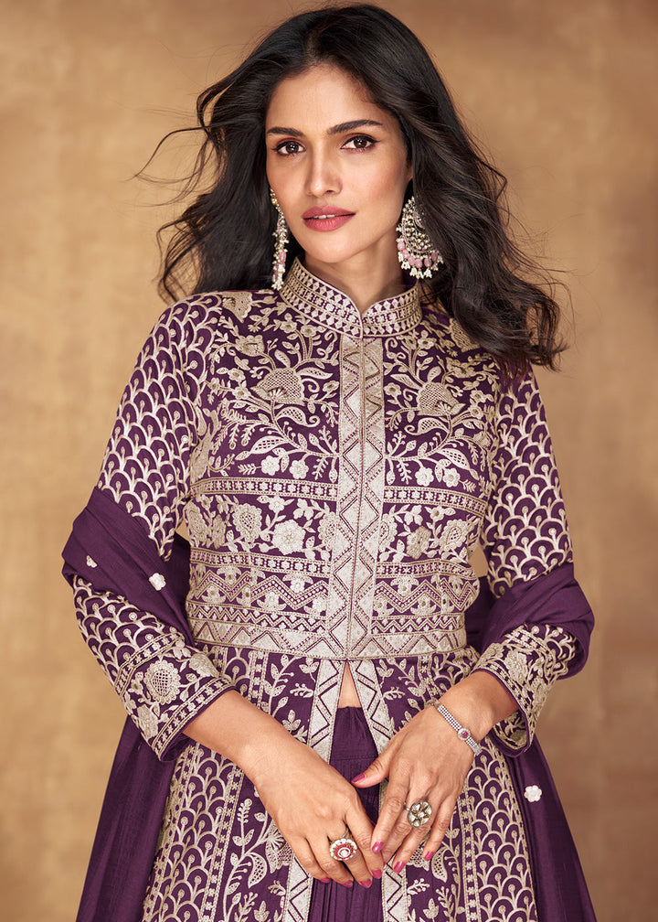 Luxurious eggplant purple silk top and skirt set with matching dupatta