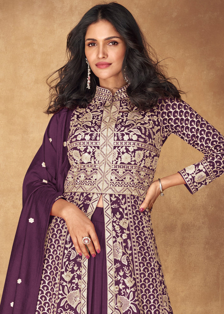 Stunning eggplant purple embroidered silk top and skirt set with dupatta