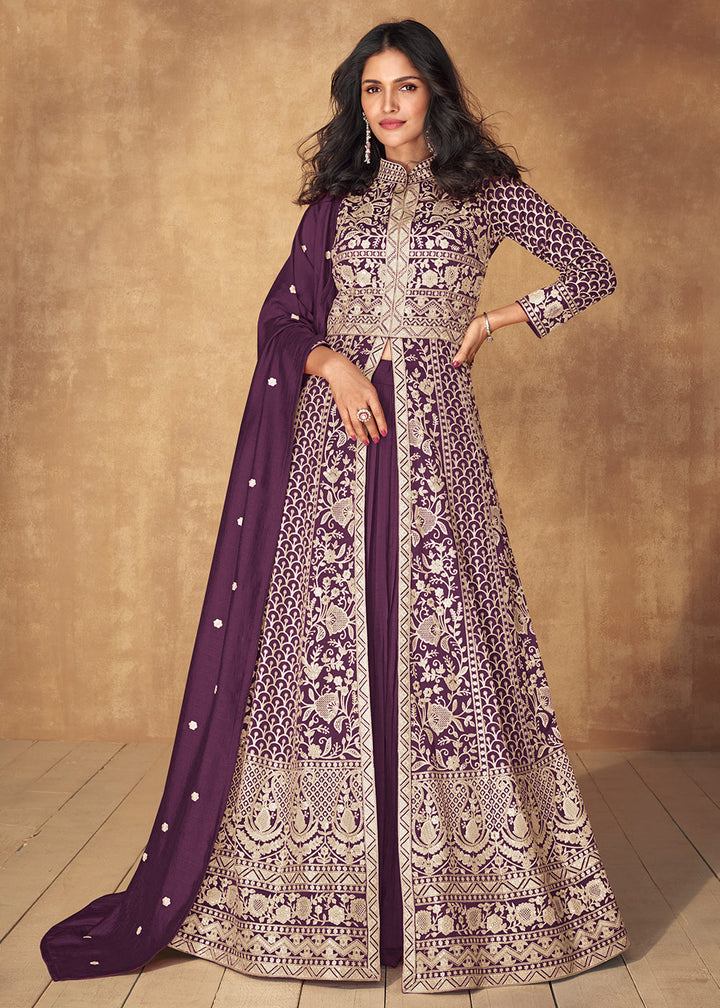 Embroidered silk top and skirt set in eggplant purple with dupatta