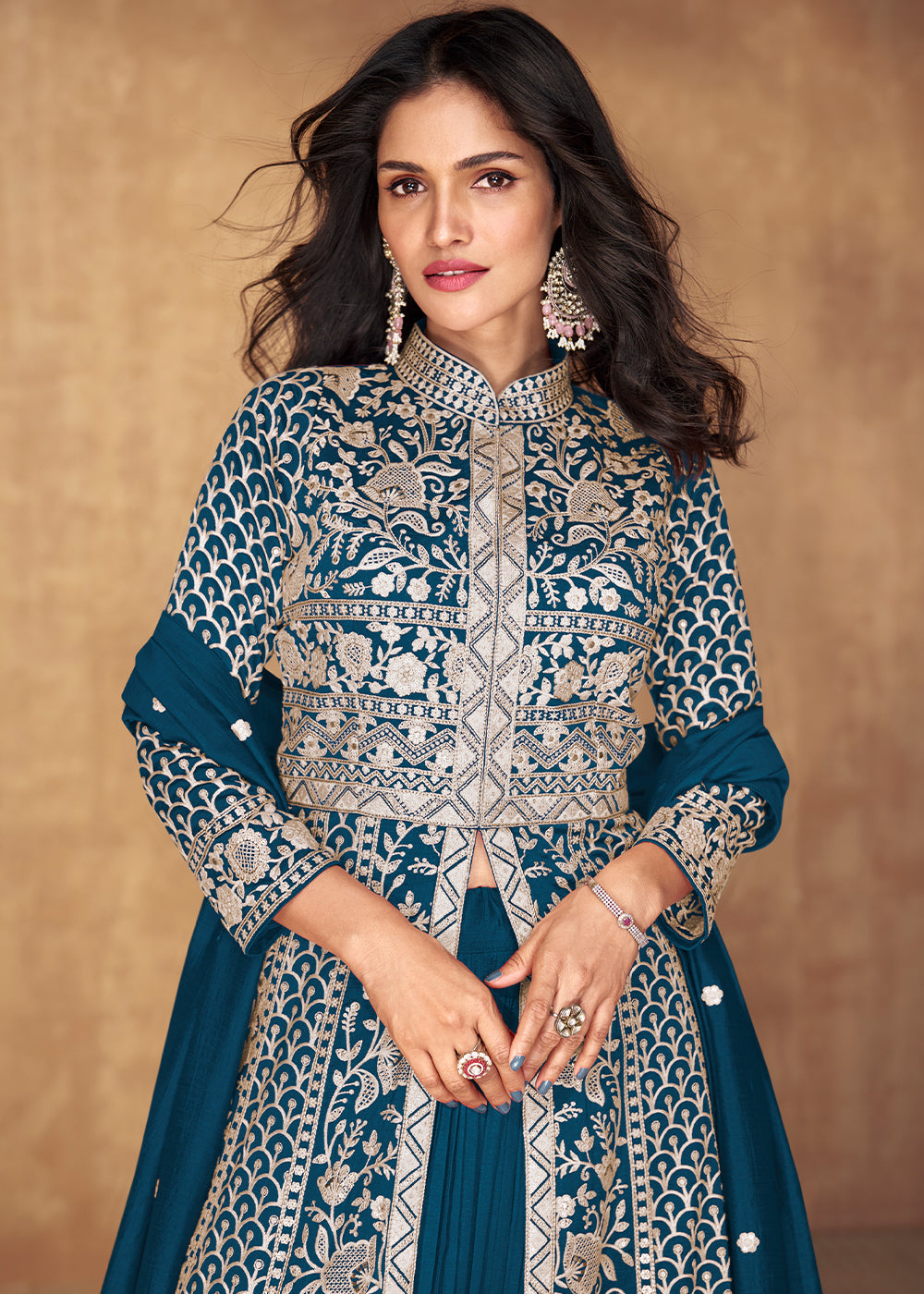 Dodger Blue Embroidered Silk Top & Skirt Set with Dupatta