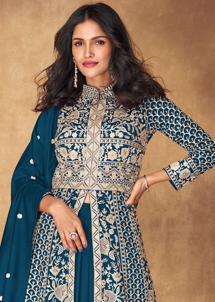 Dodger Blue Embroidered Silk Top & Skirt Set with Dupatta