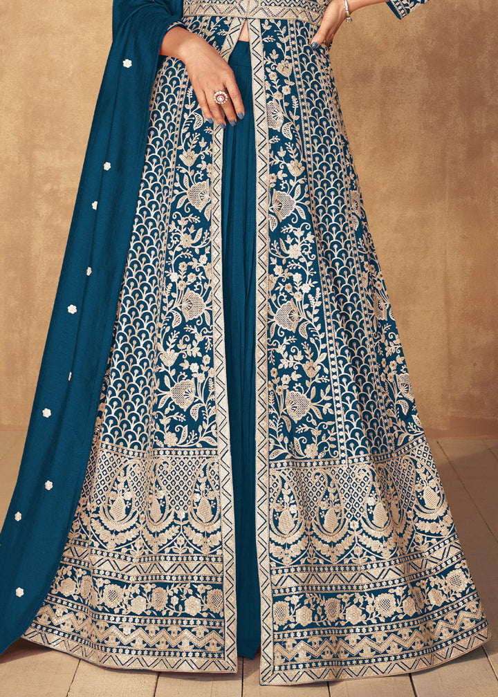 Dodger Blue Embroidered Silk Top & Skirt Set with Dupatta