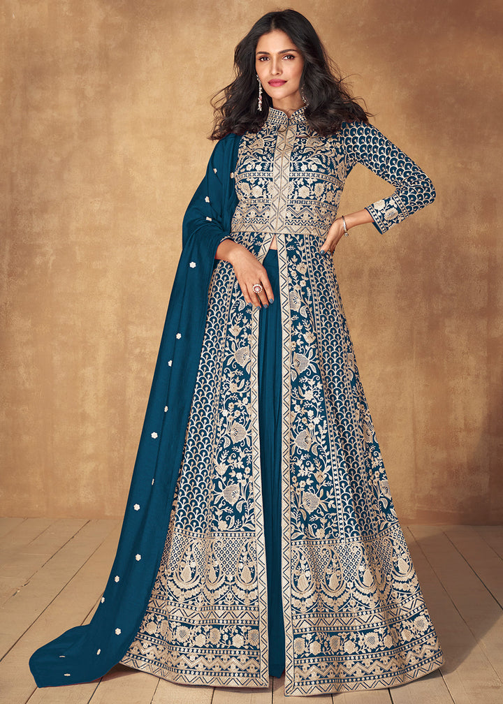 Dodger Blue Embroidered Silk Top & Skirt Set with Dupatta