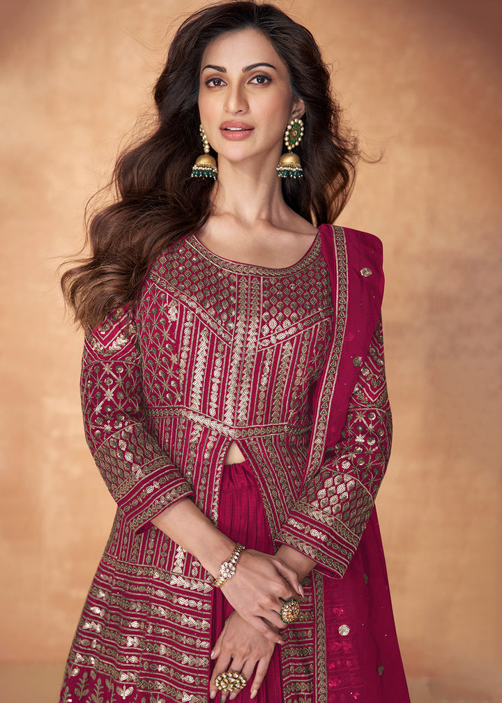 Ruby Pink Sequence Embroidered Silk Top & Skirt Set with Dupatta By Qivii