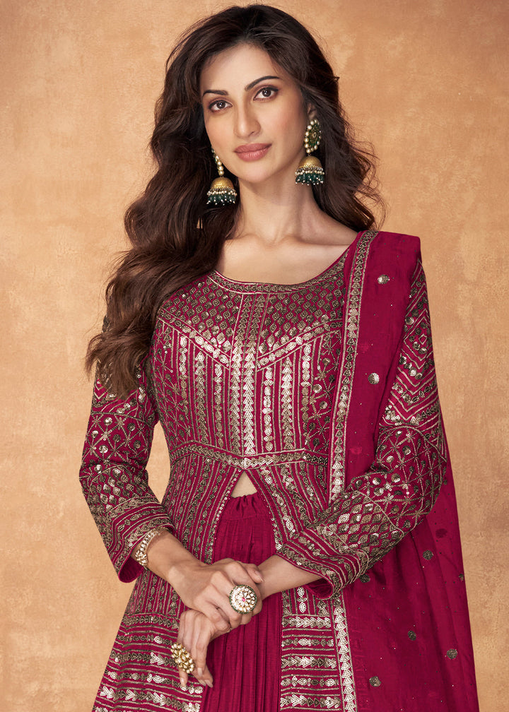 Ruby Pink Sequence Embroidered Silk Top & Skirt Set with Dupatta By Qivii