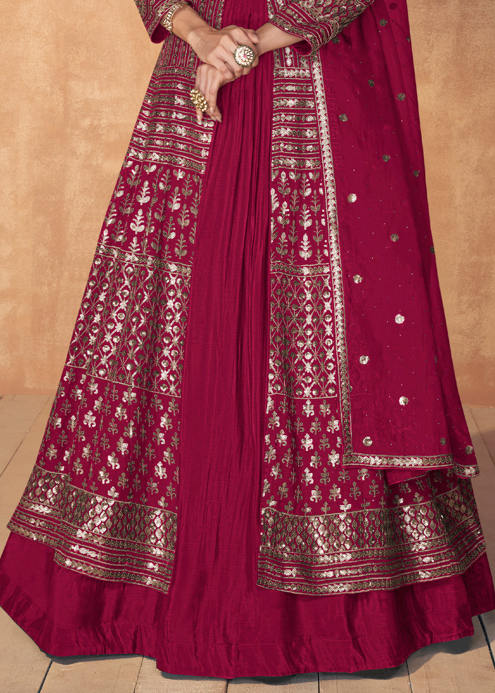 Ruby Pink Sequence Embroidered Silk Top & Skirt Set with Dupatta By Qivii