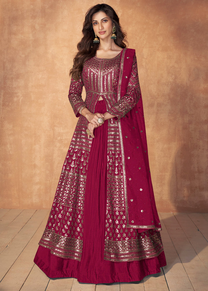 Ruby Pink Sequence Embroidered Silk Top & Skirt Set with Dupatta By Qivii