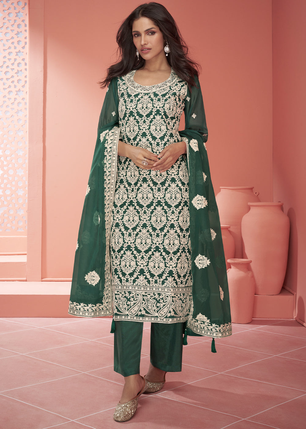 Greasy Green Organza Silk Embroidered Salwar Suit