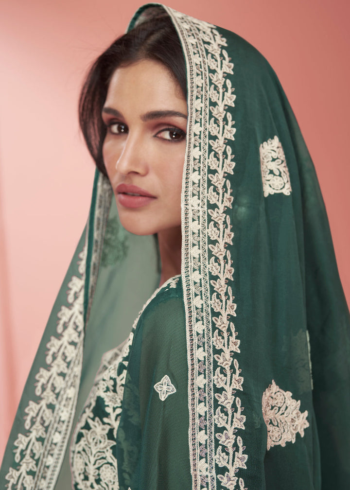 Greasy Green Organza Silk Embroidered Salwar Suit