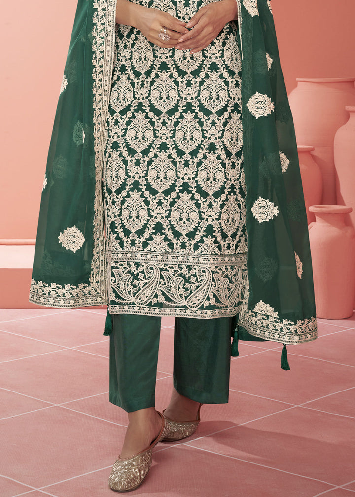 Greasy Green Organza Silk Embroidered Salwar Suit