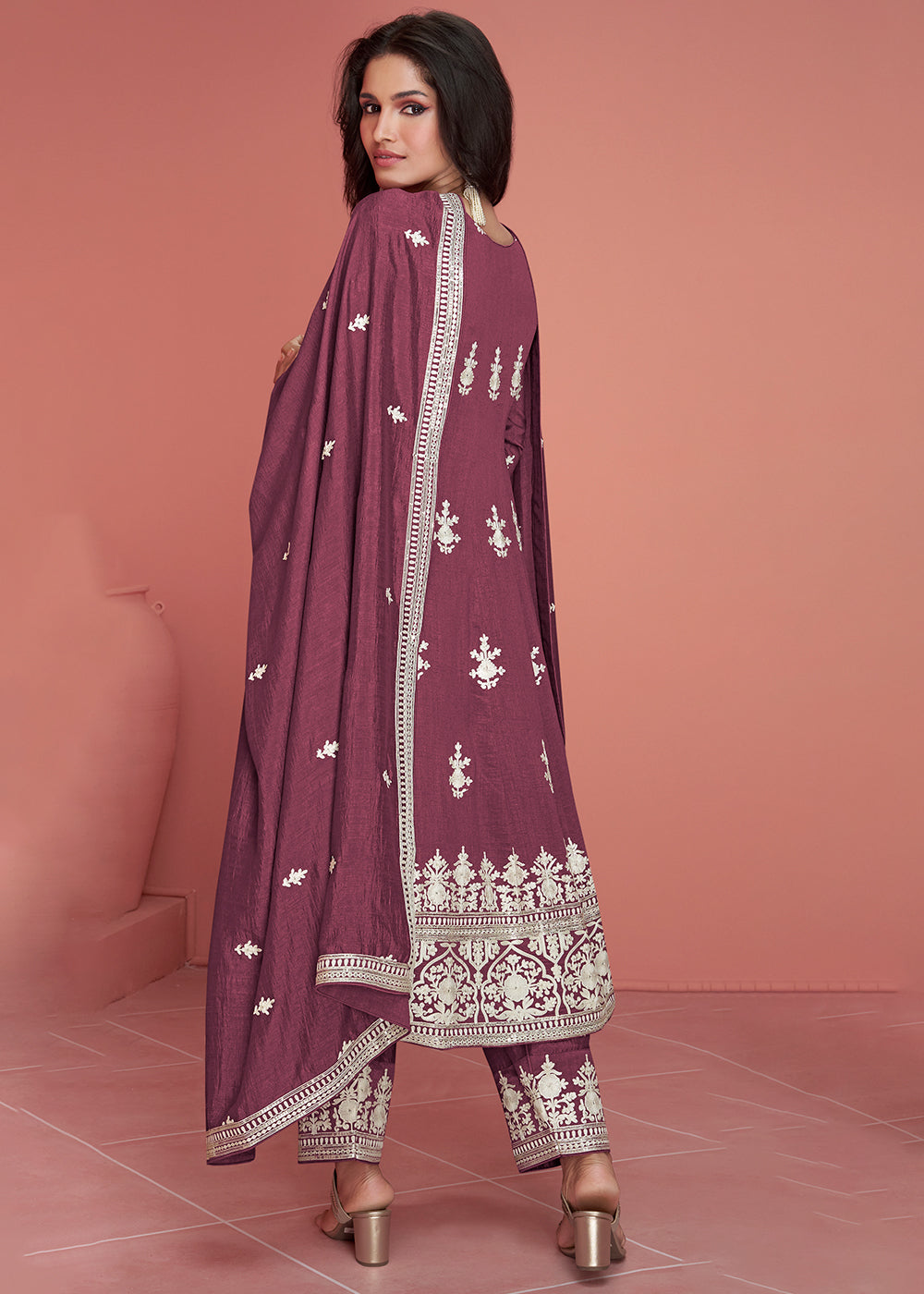 Old Mauve Purple Embroidered Silk Salwar Suit By Qivii