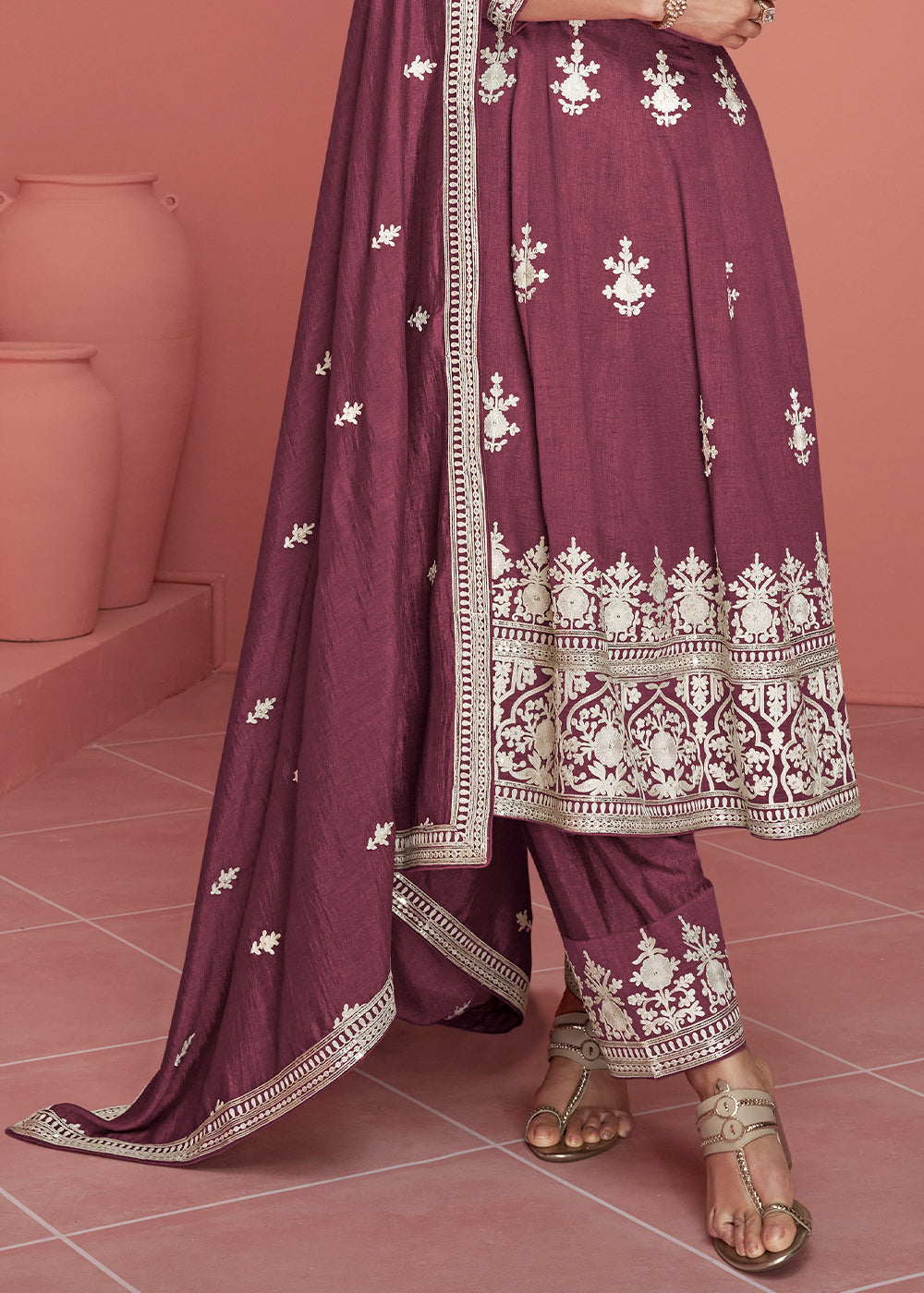 Old Mauve Purple Embroidered Silk Salwar Suit By Qivii