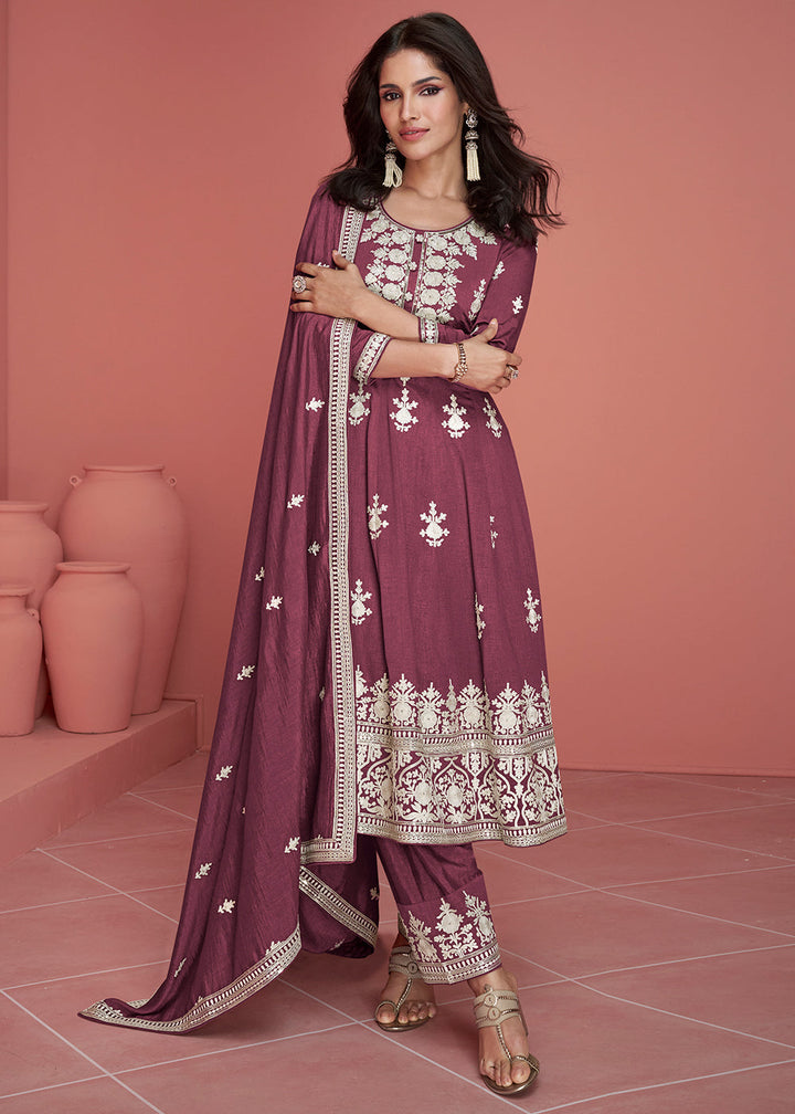 Old Mauve Purple Embroidered Silk Salwar Suit By Qivii