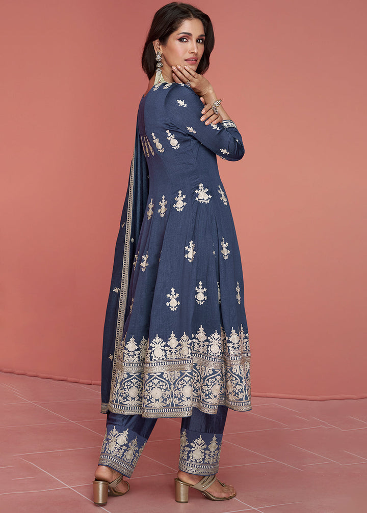 Yale Blue Embroidered Silk Salwar Suit By Qivii