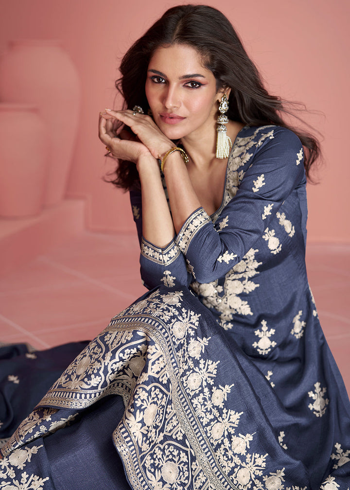 Yale Blue Embroidered Silk Salwar Suit By Qivii