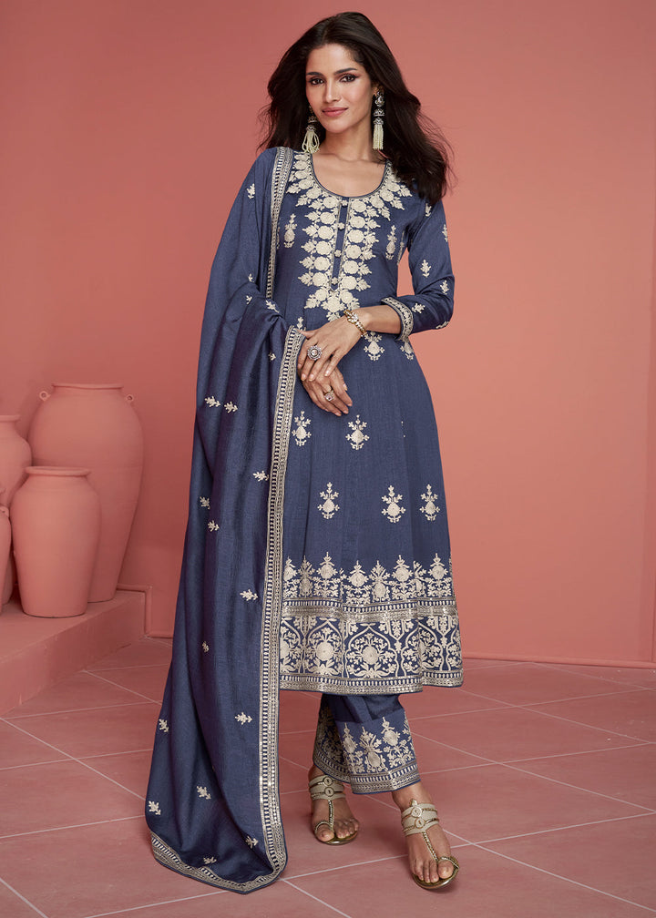 Yale Blue Embroidered Silk Salwar Suit By Qivii