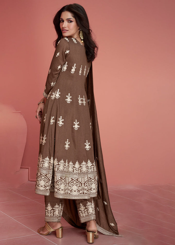 Wood Brown Embroidered Silk Salwar Suit By Qivii