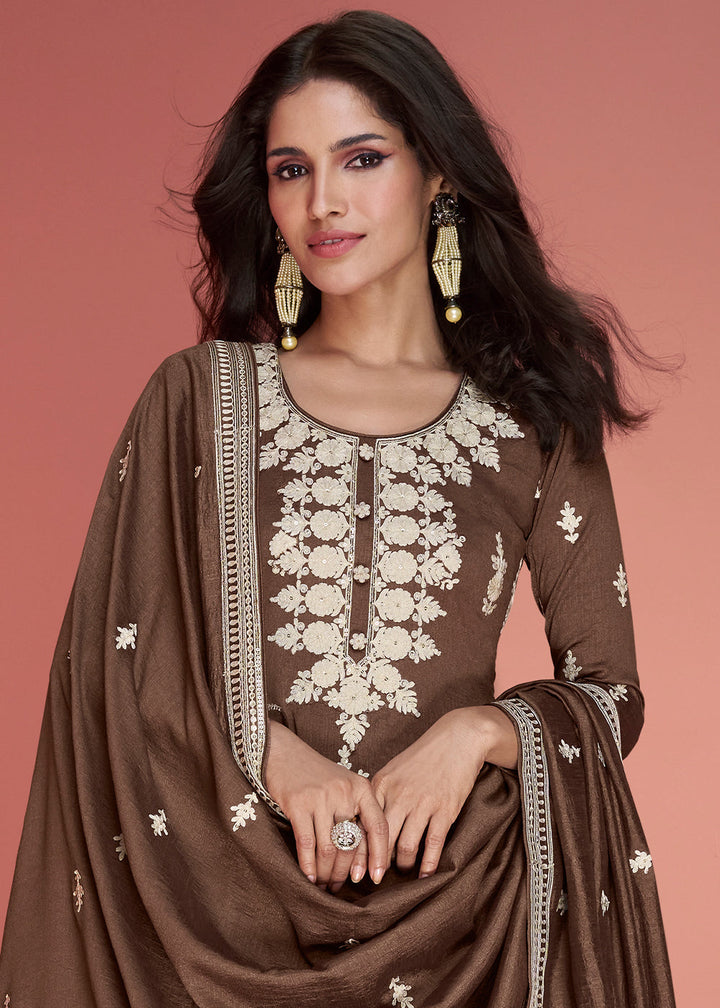 Wood Brown Embroidered Silk Salwar Suit By Qivii