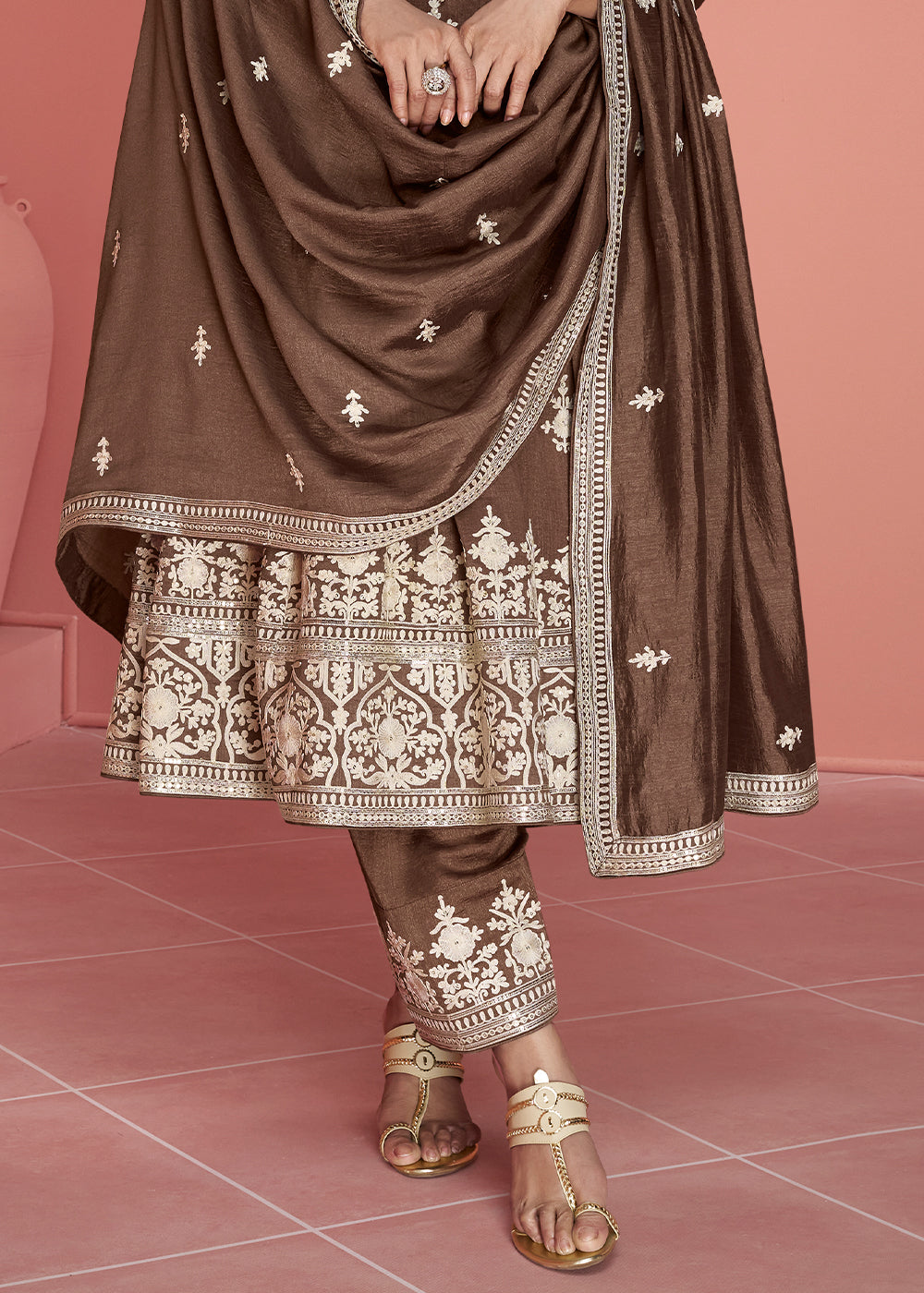 Wood Brown Embroidered Silk Salwar Suit By Qivii