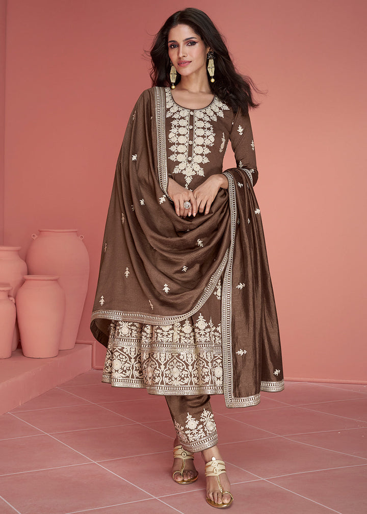 Wood Brown Embroidered Silk Salwar Suit By Qivii