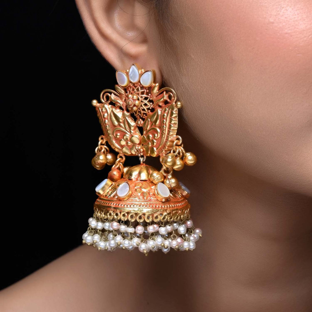 Mahi White Pearl Gold Plated Antique Jhumki