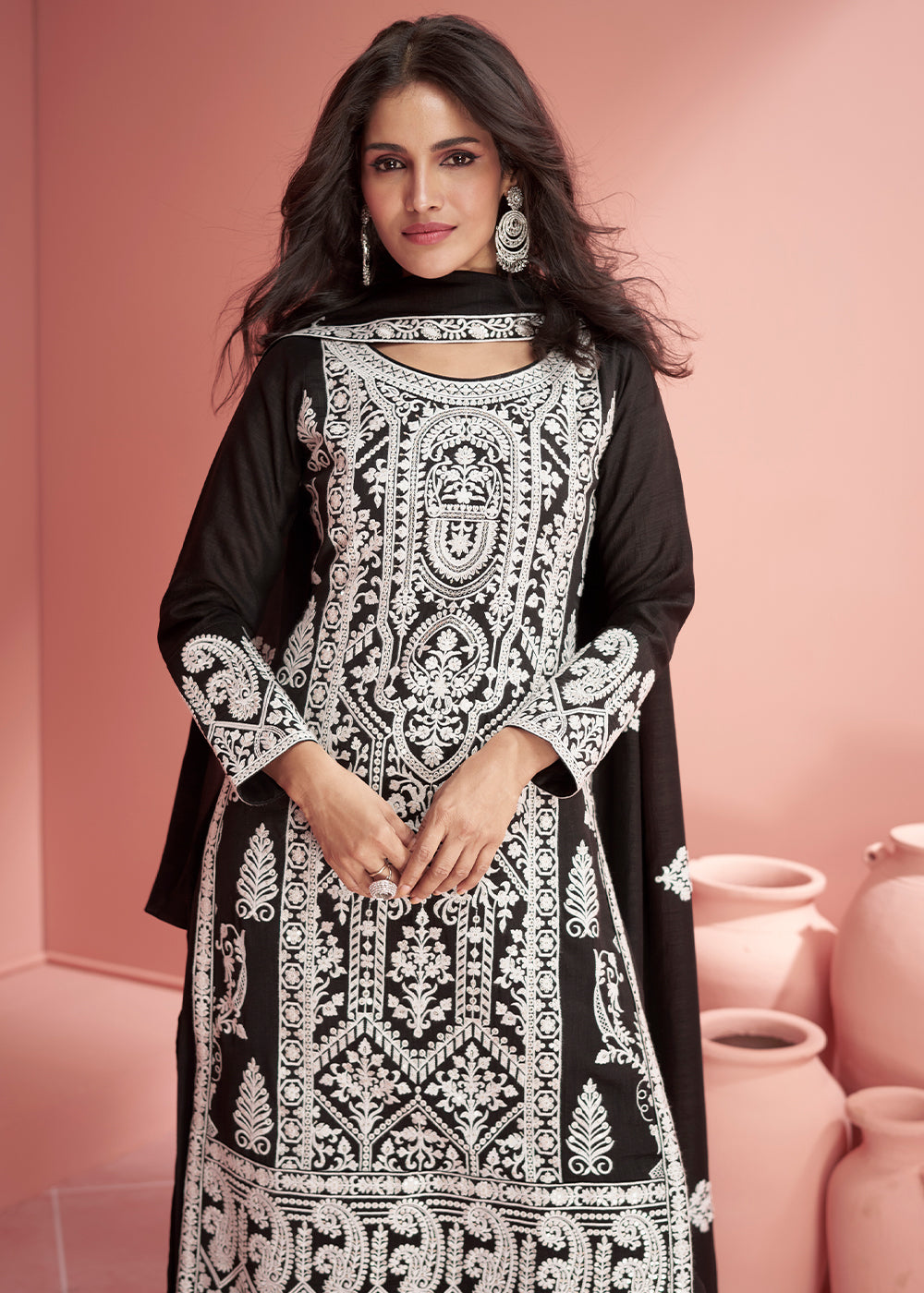 Pebble Black Silk Designer Plazzo Suit with Intricate Embroidery work