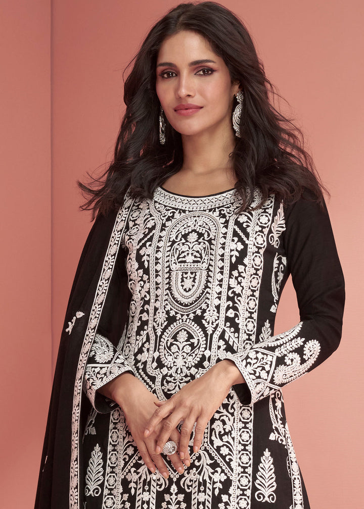 Pebble Black Silk Designer Plazzo Suit with Intricate Embroidery work By Qivii