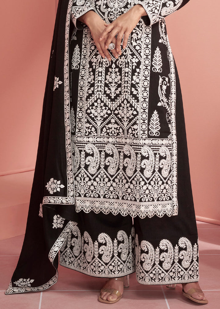 Pebble Black Silk Designer Plazzo Suit with Intricate Embroidery work By Qivii