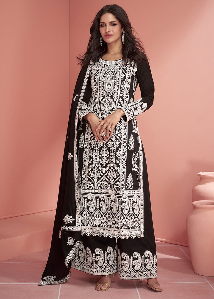 Pebble Black Silk Designer Plazzo Suit with Intricate Embroidery work By Qivii