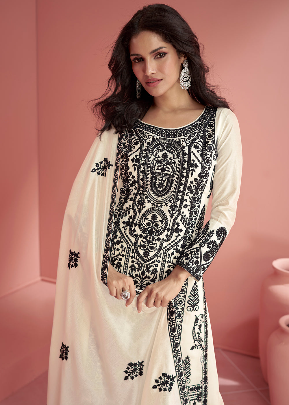 Daisy White Silk Designer Plazzo Suit with Intricate Embroidery work - qivii