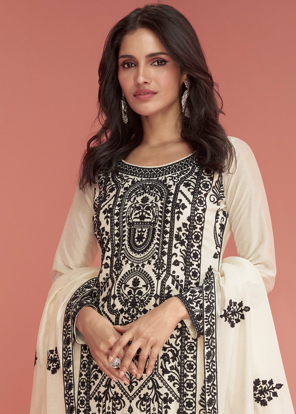 Daisy White Silk Designer Plazzo Suit with Intricate Embroidery work - qivii