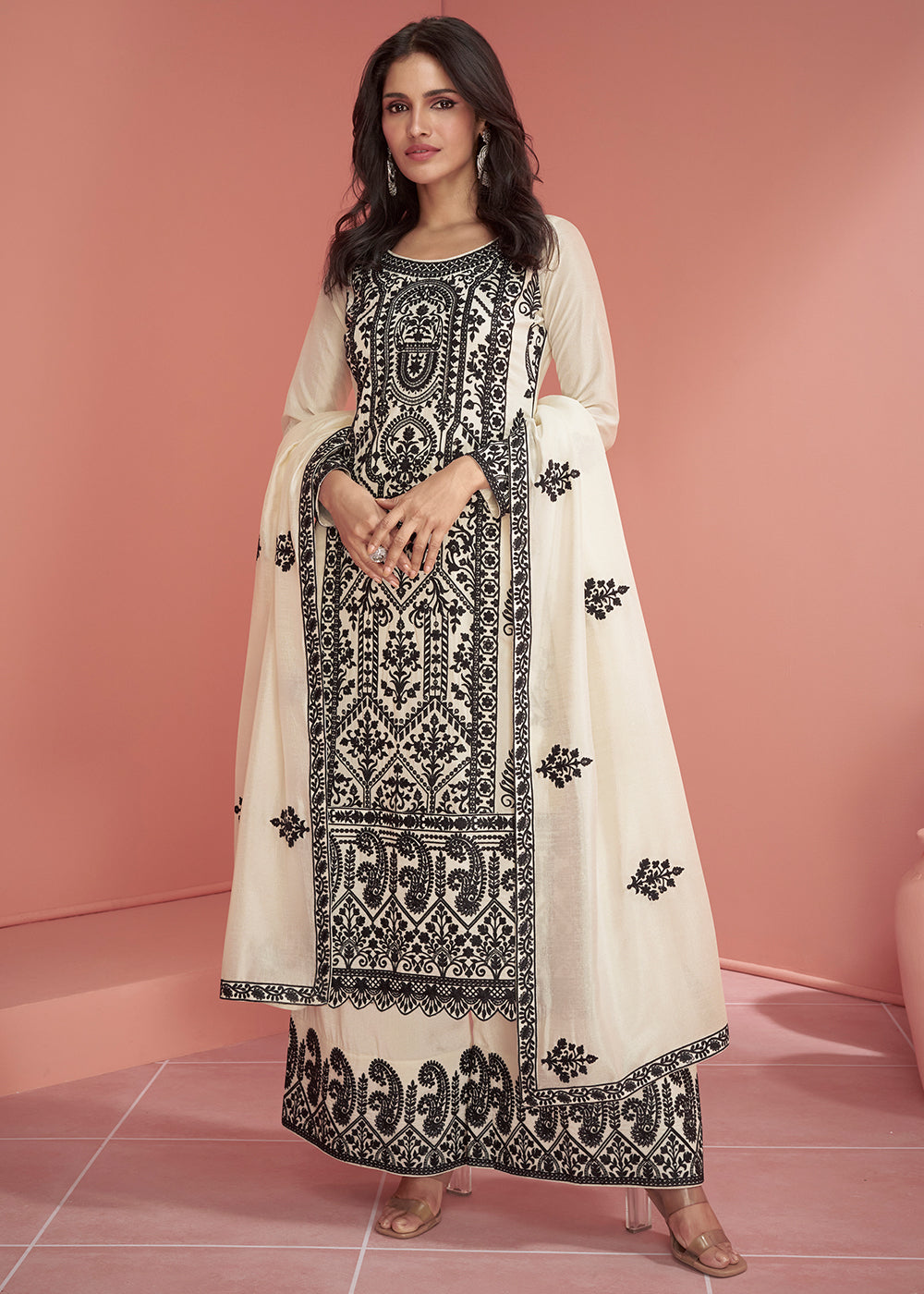 Daisy White Silk Designer Plazzo Suit with Intricate Embroidery work - qivii