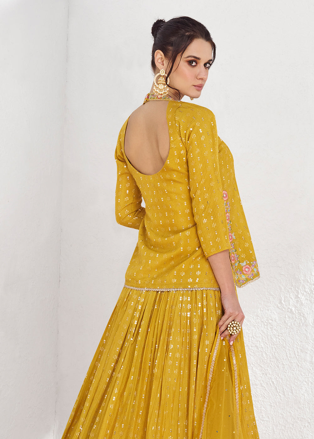 Canary Yellow Embroidered Georgette Top & Skirt Set with Dupatta