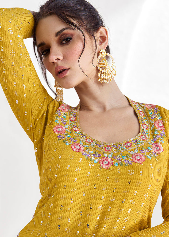 Canary Yellow Embroidered Georgette Top & Skirt Set with Dupatta