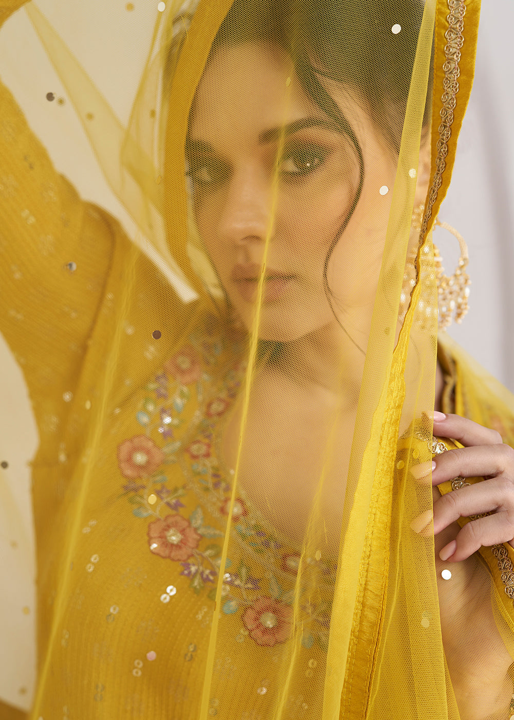 Canary Yellow Embroidered Georgette Top & Skirt Set with Dupatta