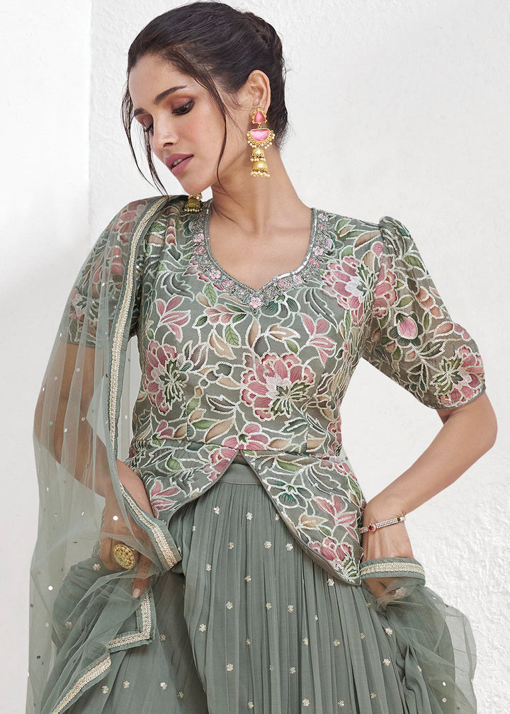 Seal Grey Embroidered Georgette Top & Skirt Set with Dupatta