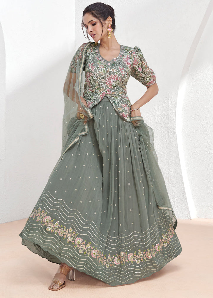 Seal Grey Embroidered Georgette Top & Skirt Set with Dupatta