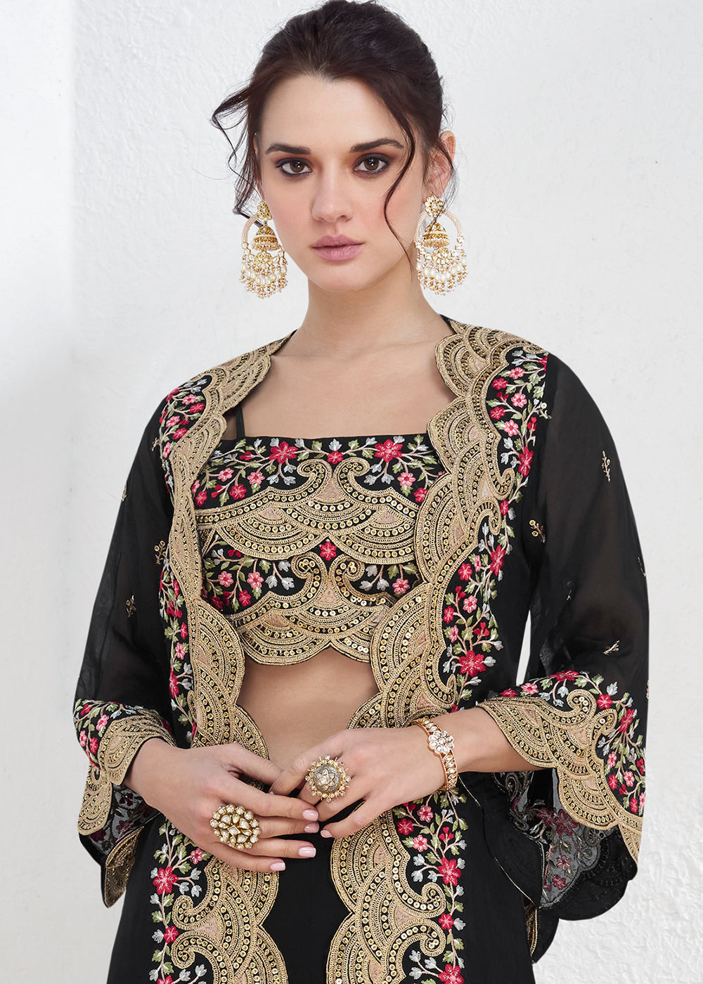 Onyx Black Embroidered Georgette Top & Skirt Set with Jacket - qivii