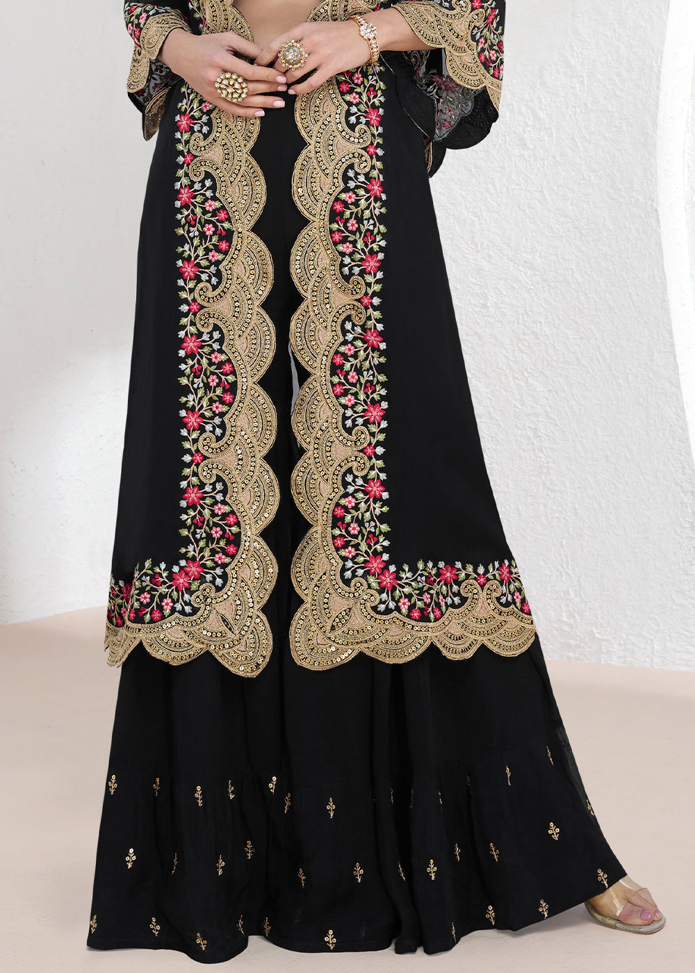 Onyx Black Embroidered Georgette Top & Skirt Set with Jacket - qivii