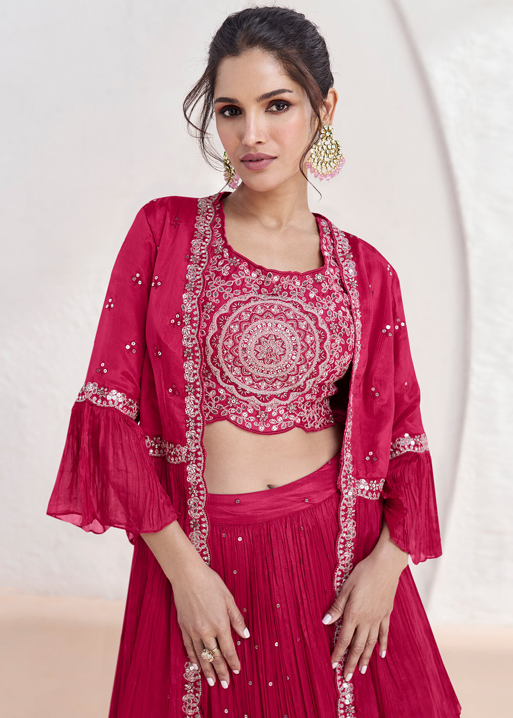 Magenta Pink Embroidered Georgette Top & Skirt Set with Jacket - qivii