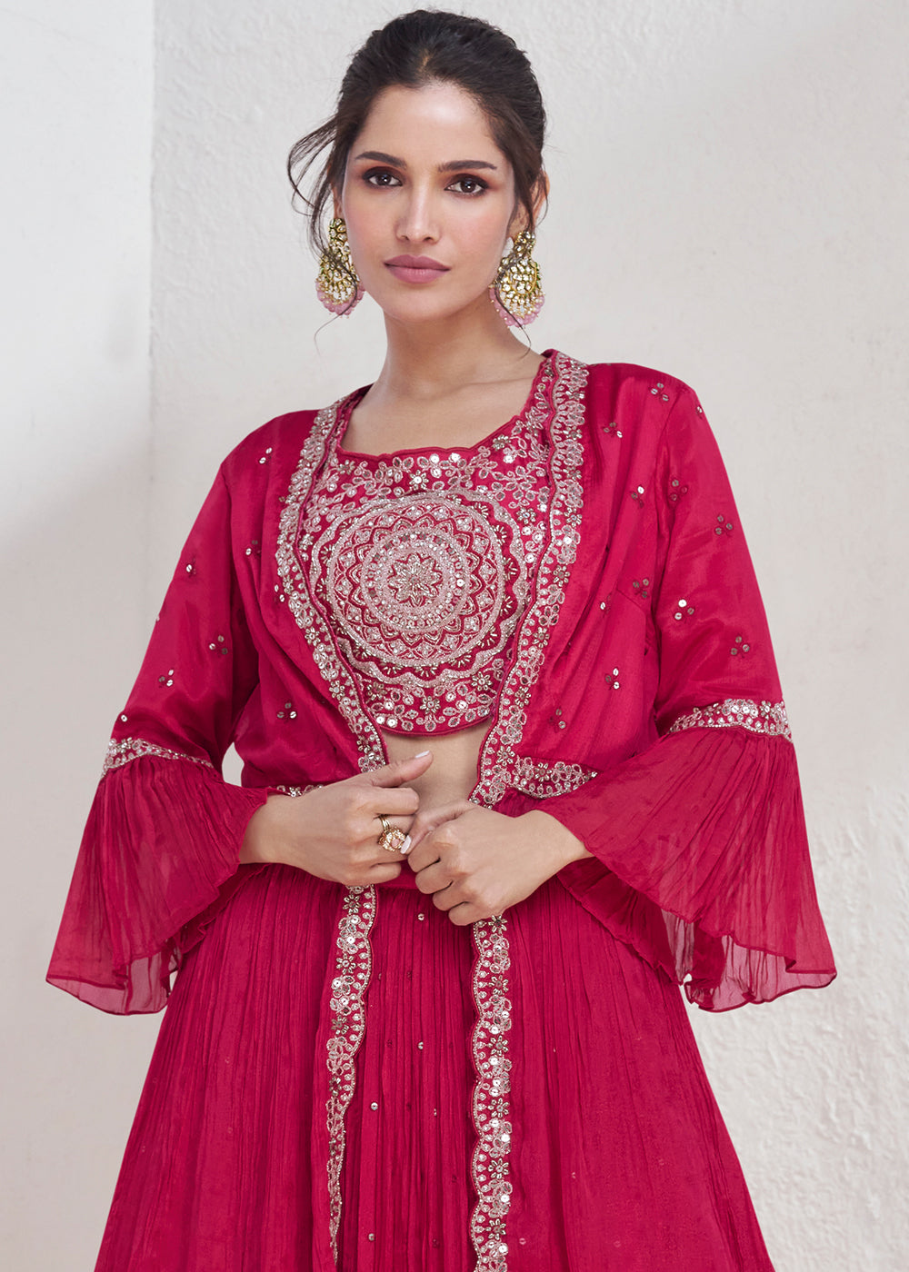Magenta Pink Embroidered Georgette Top & Skirt Set with Jacket - qivii