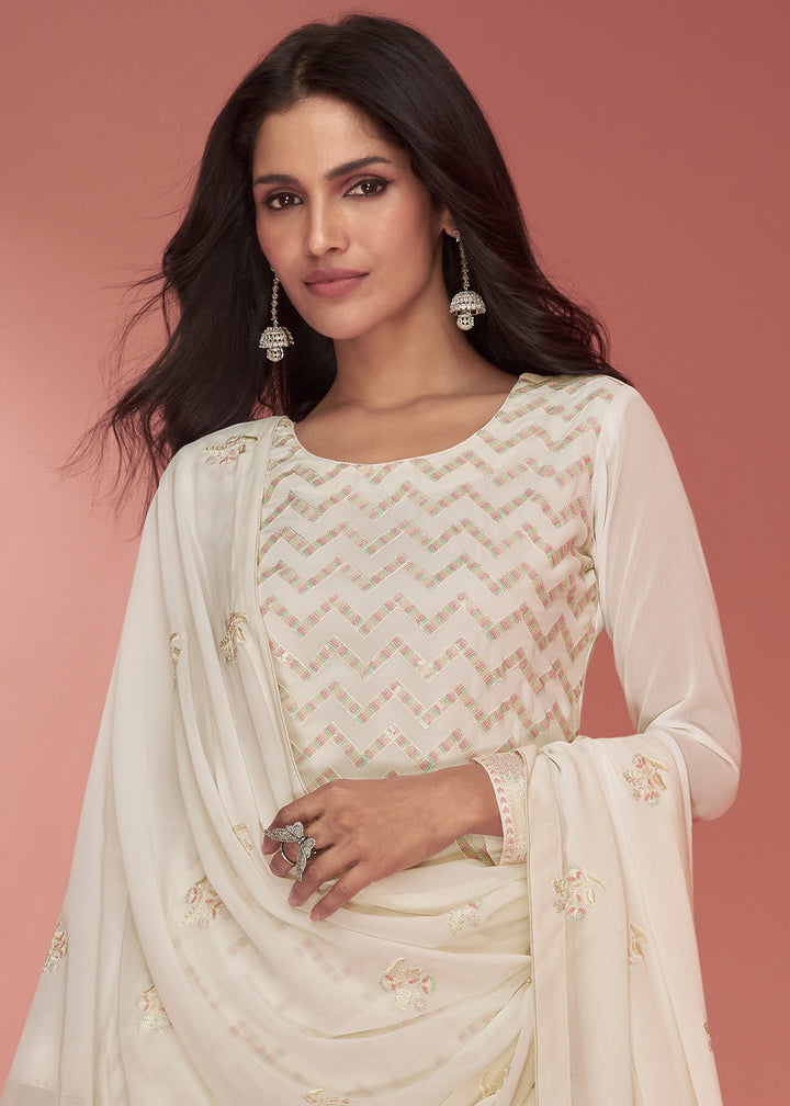 Pearl White Floral Embroidered Georgette Plazzo Suit