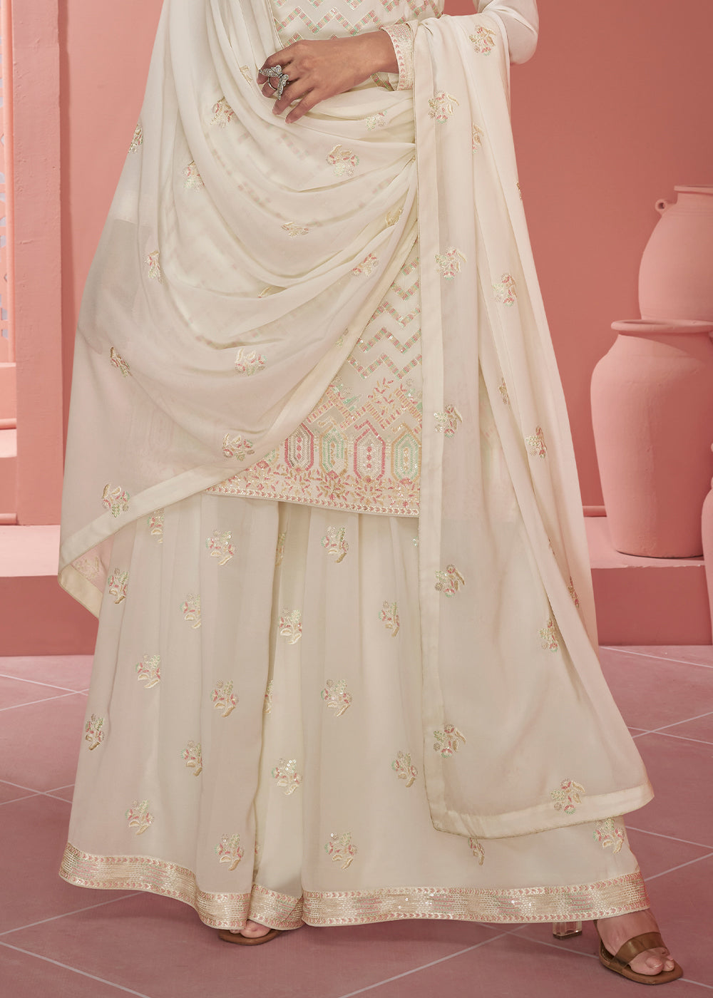 Pearl White Floral Embroidered Georgette Plazzo Suit