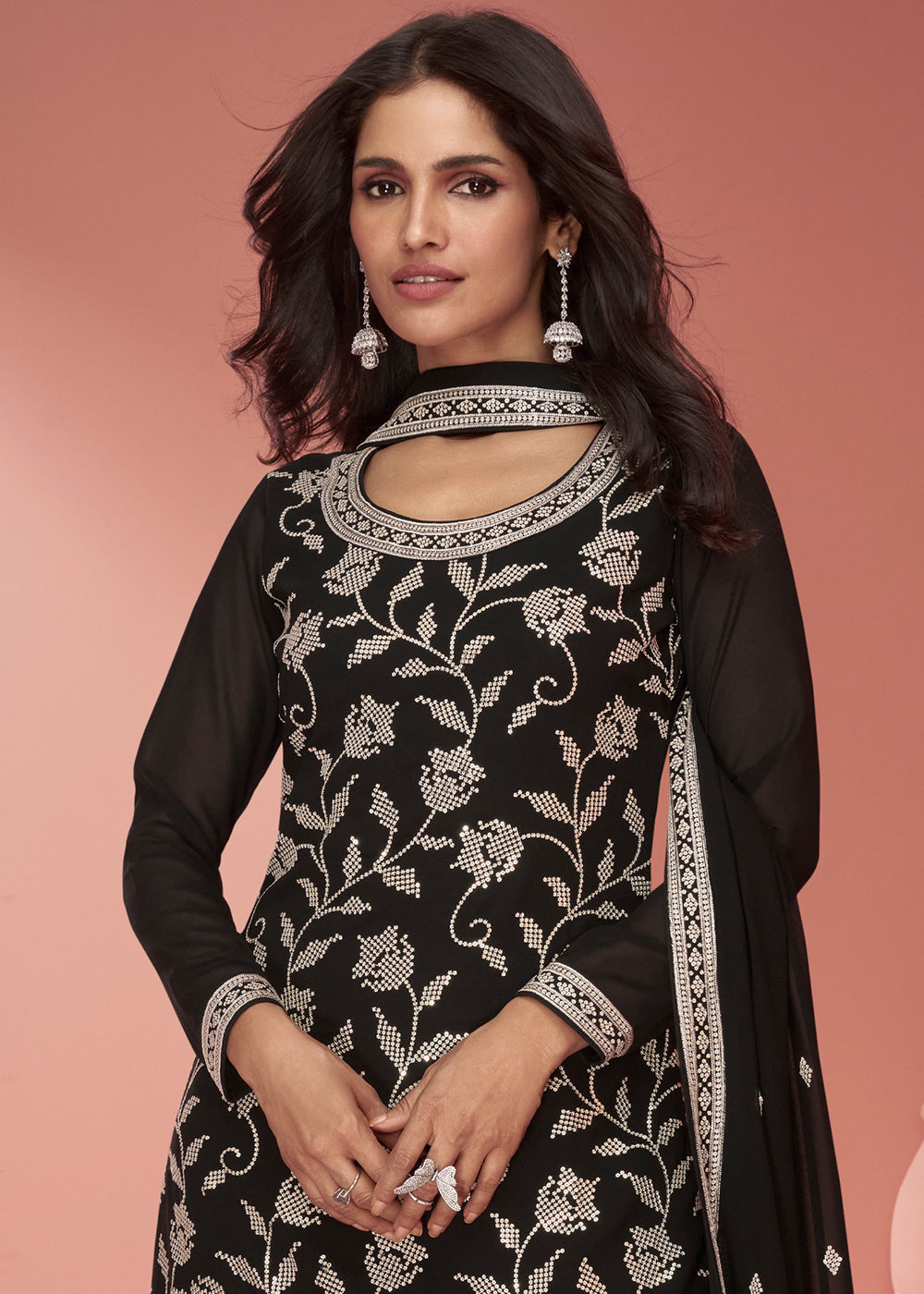 Onyx Black Floral Embroidered Georgette Plazzo Suit